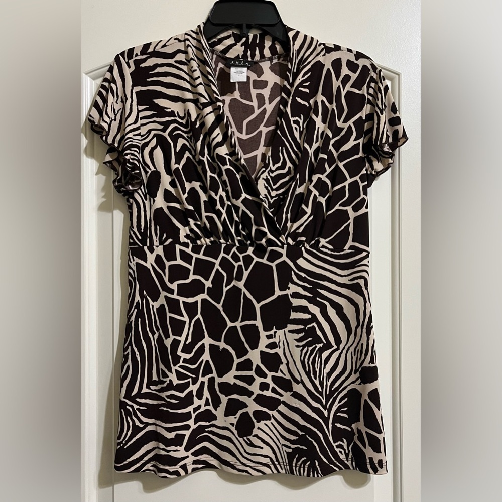 JKLA California Women’s Brown Beige V-Neck Short Sleeve Stretch Blouse Top Large